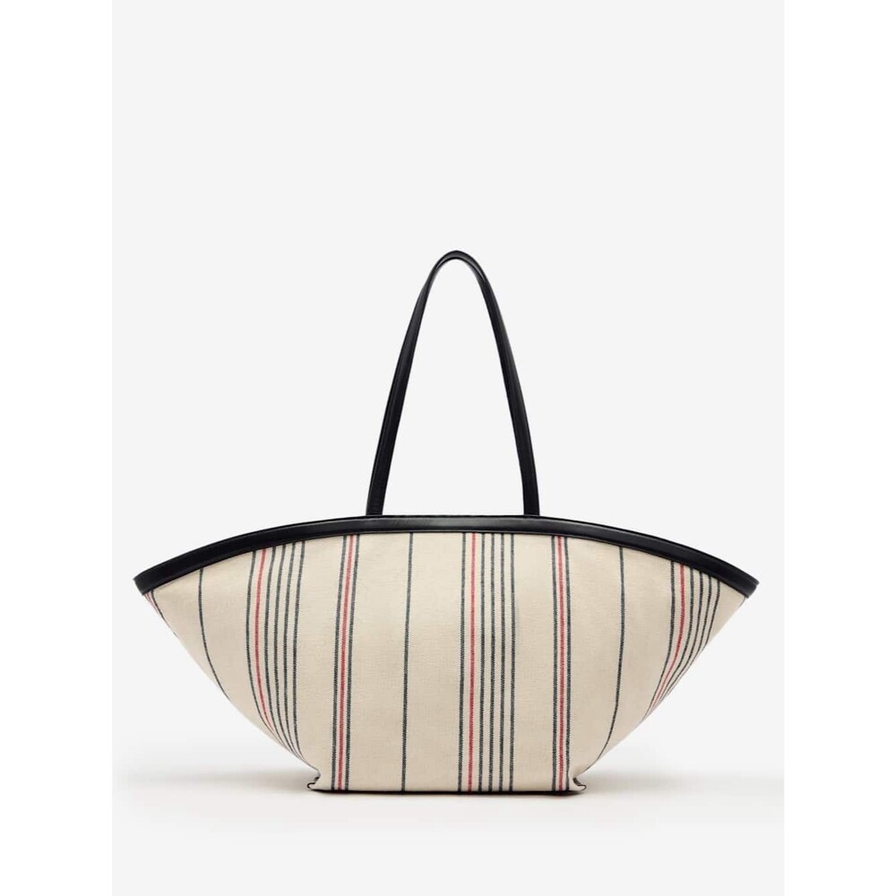 Reformation Lucia Large Striped Canvas Tote Bag Boat Shape Black Leather Trim